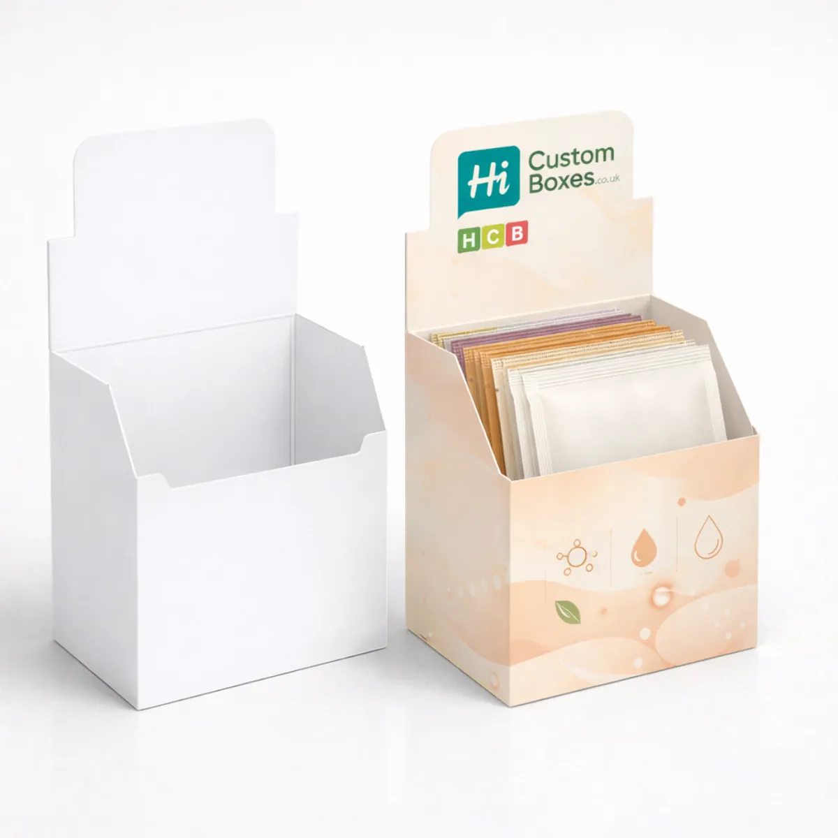 A white collagen sachet packaging box featuring a pink circular design and clean sans-serif typography- class=